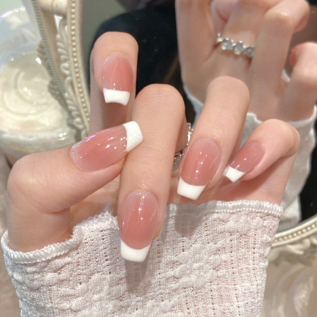 Nude French Tip, Handmade Press On Nails, Salon Acrylic Gel quality, 10pcs, False Nails
