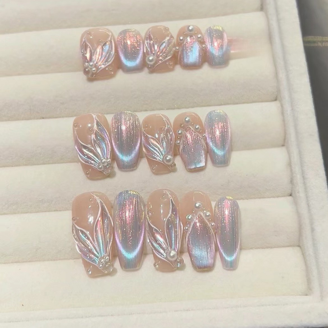 Mermaid Pearl Style  Florals, Handmade Press On Nails, Salon Acrylic Gel quality, 10pcs, False Nails