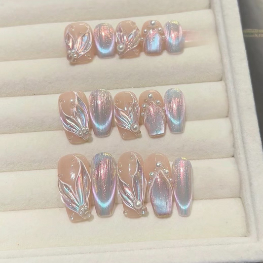 Mermaid Pearl Style  Florals, Handmade Press On Nails, Salon Acrylic Gel quality, 10pcs, False Nails