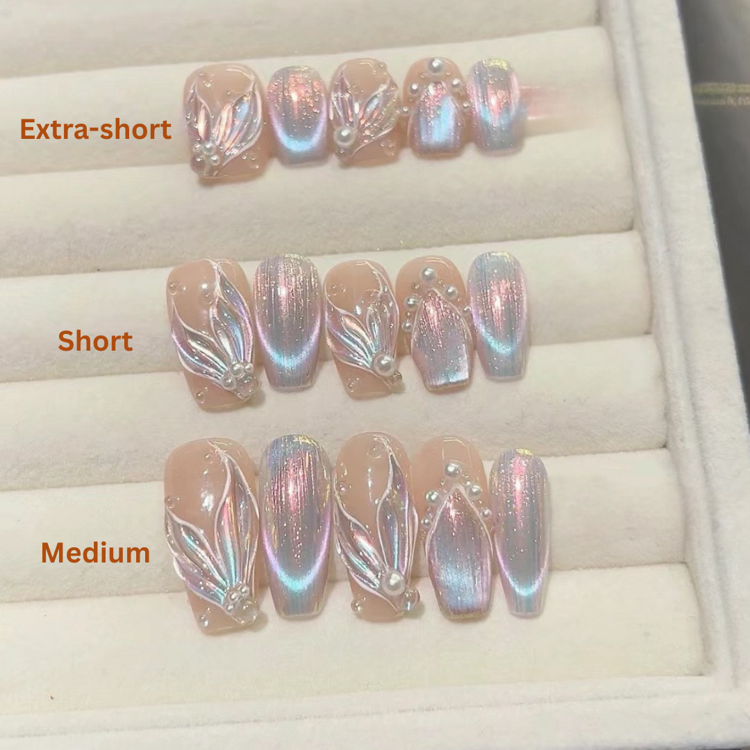 Mermaid Pearl Style  Florals, Handmade Press On Nails, Salon Acrylic Gel quality, 10pcs, False Nails