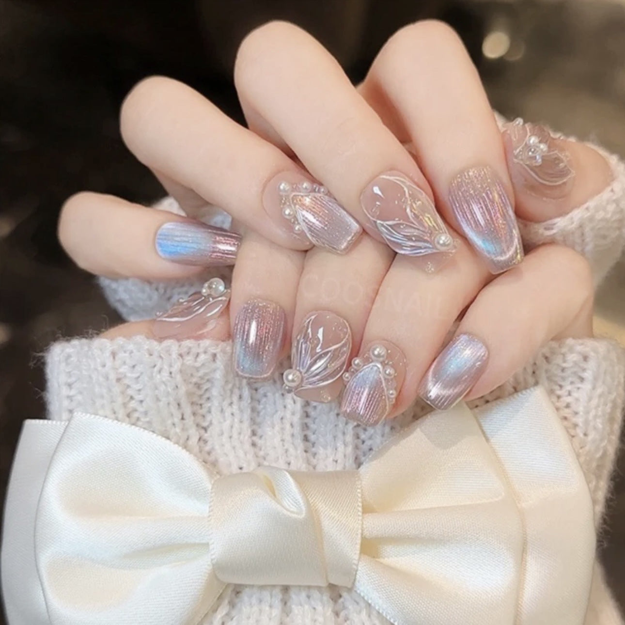 Mermaid Pearl Style  Florals, Handmade Press On Nails, Salon Acrylic Gel quality, 10pcs, False Nails